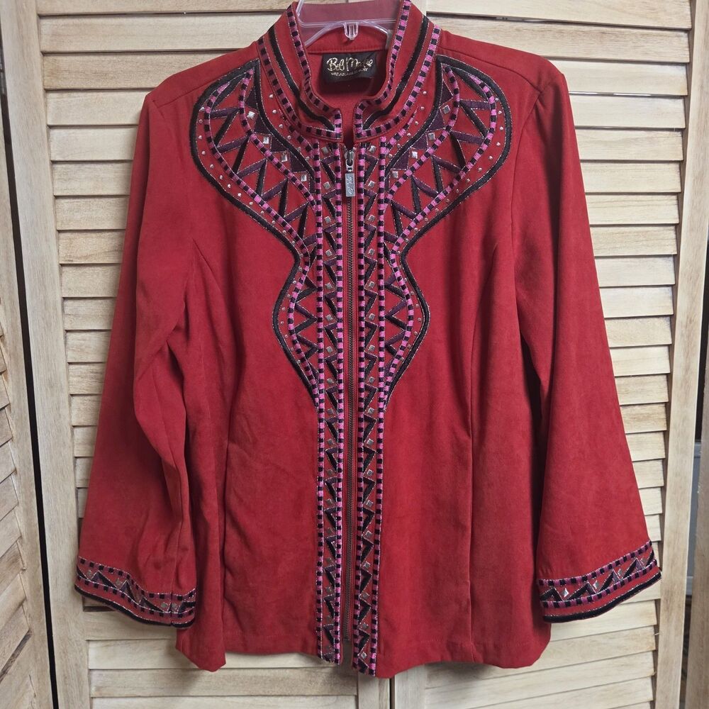 Bob Mackie Wearable Art Red Jacket Western Aztec Womens Medium Boho Artsy Tribal